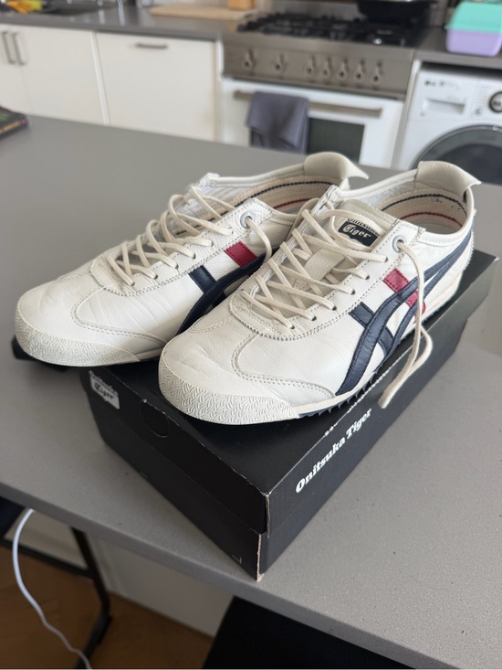 Onitsuka Tiger by Asics Shoes - Onitsuka Tiger by Asics women’s Cream Leather Sneakers with Navy & Red Stripes